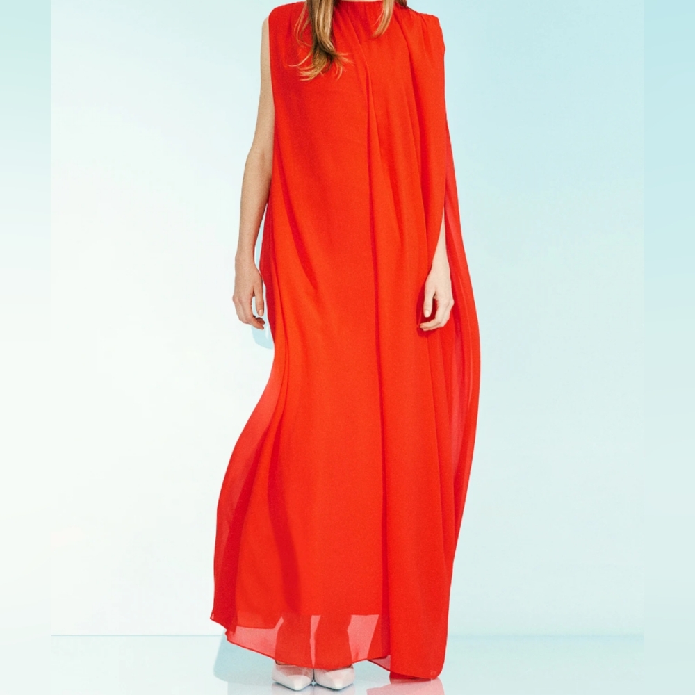 H&M STUDIO S/S 2025 DRAPED CHIFFON DRESS Red Maxi BNWT